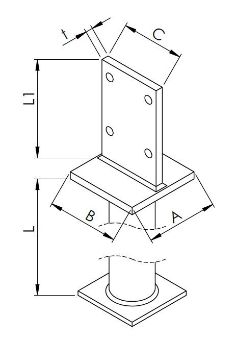 technische Zeichnung Pfostenträger Typ T mit Rohrdolle